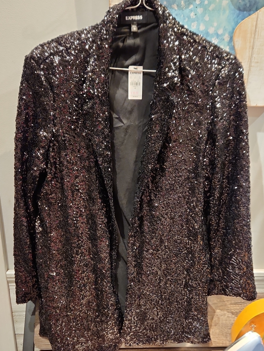 Express Black Sequin Open-Front Blazer Jacket Sz XL
